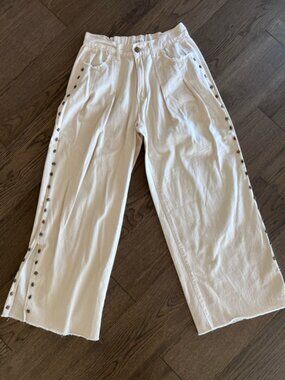 POL Ivory Studded Wide Leg Linen Pants Raw Hem Side Slit Boho - M